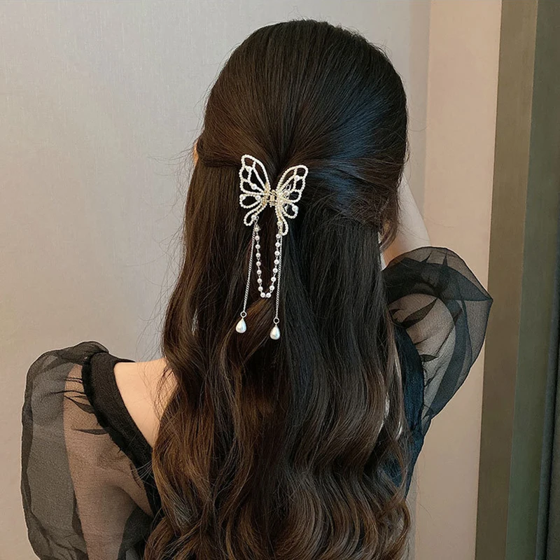 Presilha de cabelo vintage borboleta pérola borla para mulheres, strass estilo coreano, caranguejo, tubarão, rabo de cavalo, ganchos de cabelo,