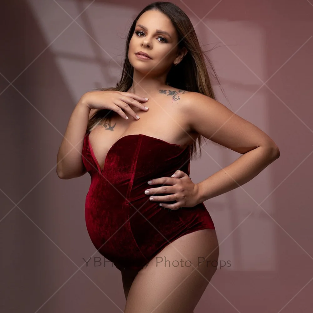 Elastic Velvet Bodysuit Maternity Photography Props Clothing Pregnant Sexy Red Open Back Jumpsuit Photo Shoot For Pregnant Women