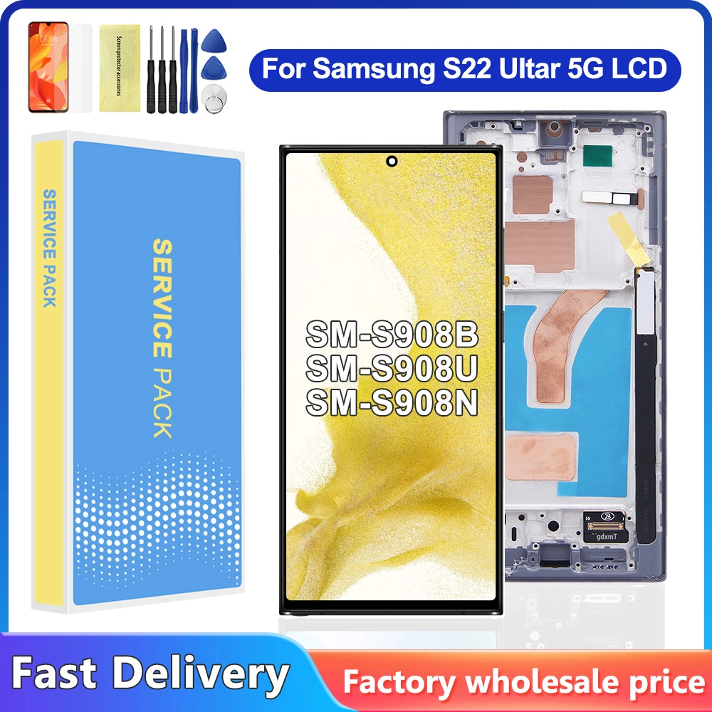 S22 Ultra Bildschirmbaugruppe für Samsung S22 Ultra 5G S908B SM-S908B/DS LCD-Display Digitaler Touchscreen mit Rahmenersatz