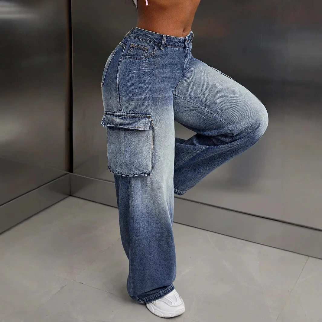 Cargo Jeans Women's Wide Leg Multi Pocket Faded Wash Utility Denim Pants Streetwear Trousers