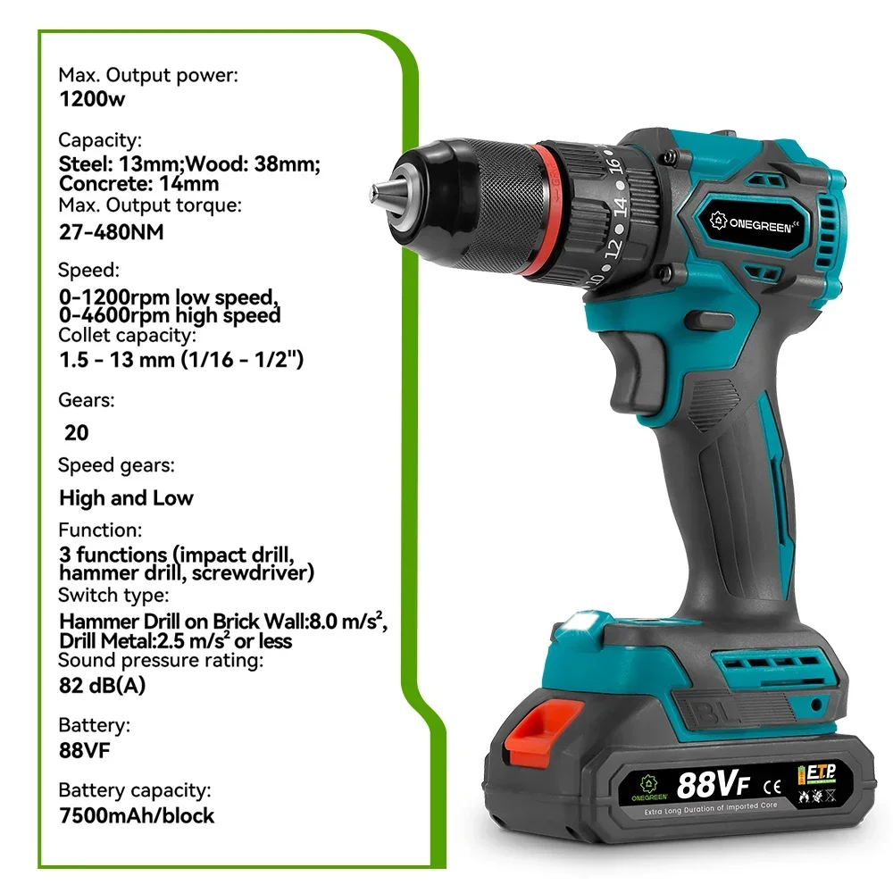 ONEGREEN 480N.M 13mm Brushless Electric Impact Drill Cordless Drill Electric Screwdriver Power Tools For Makita 18V Battery Pin