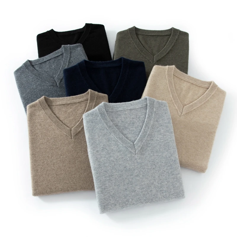 Autumn/Winter New Men's 100% Cashmere Pullover Business Casual Solid Knitted Sweater Loose V-neck Tops Basic Thick Warm Jumper