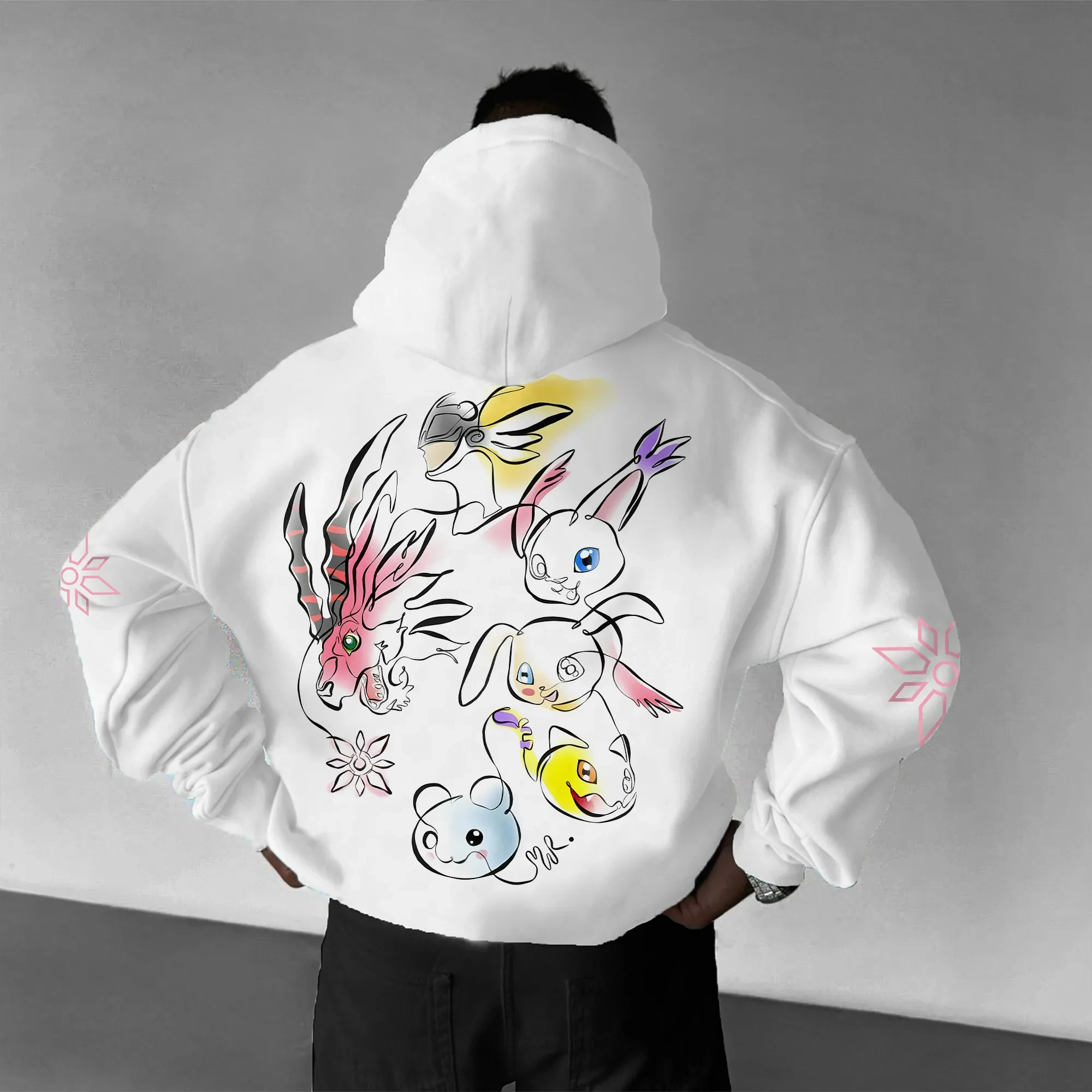 Digimon Anime bedruckter Herren-Kapuzenpullover 2025, Herbst/Winter, übergroß, lässig, Streetwear, Alltagskleidung, lockeres Eltern-Kind-Pullover-Oberteil.