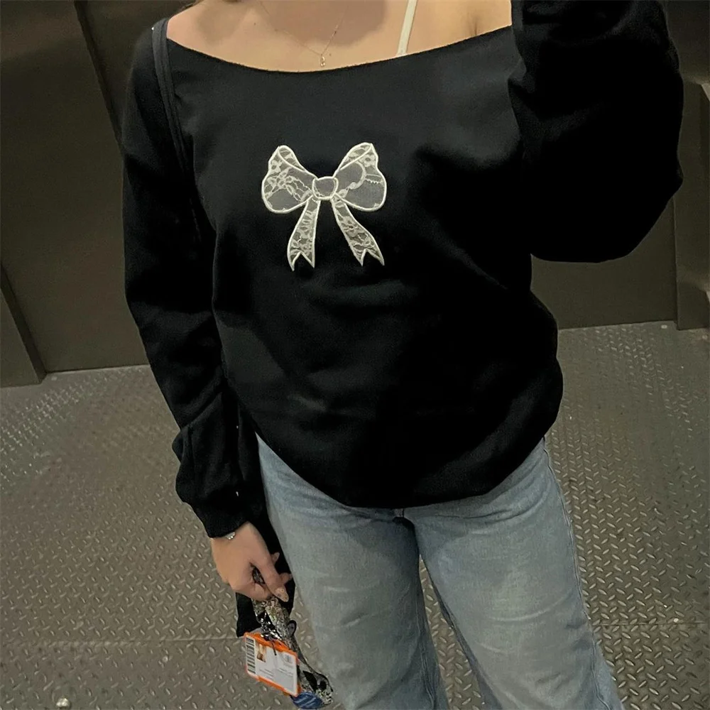 Women Coquette y2k Clothes Off Shoulder Sweatshirts Bow Print Loose Long Sleeve Pullovers Crewneck Kawaii Tops Streetwear