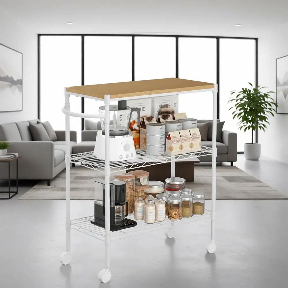 3-Tier Heavy-Duty Metal Kitchen Cart with Adjustable Shelves, Lockable Wheels, Wood Top, Portable Handle for Indoor & Outdoor Us