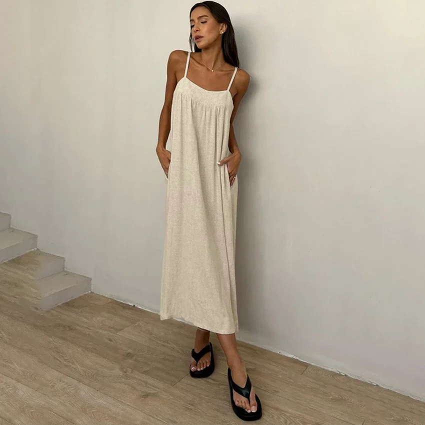 Sommerkleid in Khaki mit Spaghettiträgern, Rückenfreies, Lockeres Baumwoll-Leinen-Kleid, Lässig und Sexy, Gerades Design für Damen