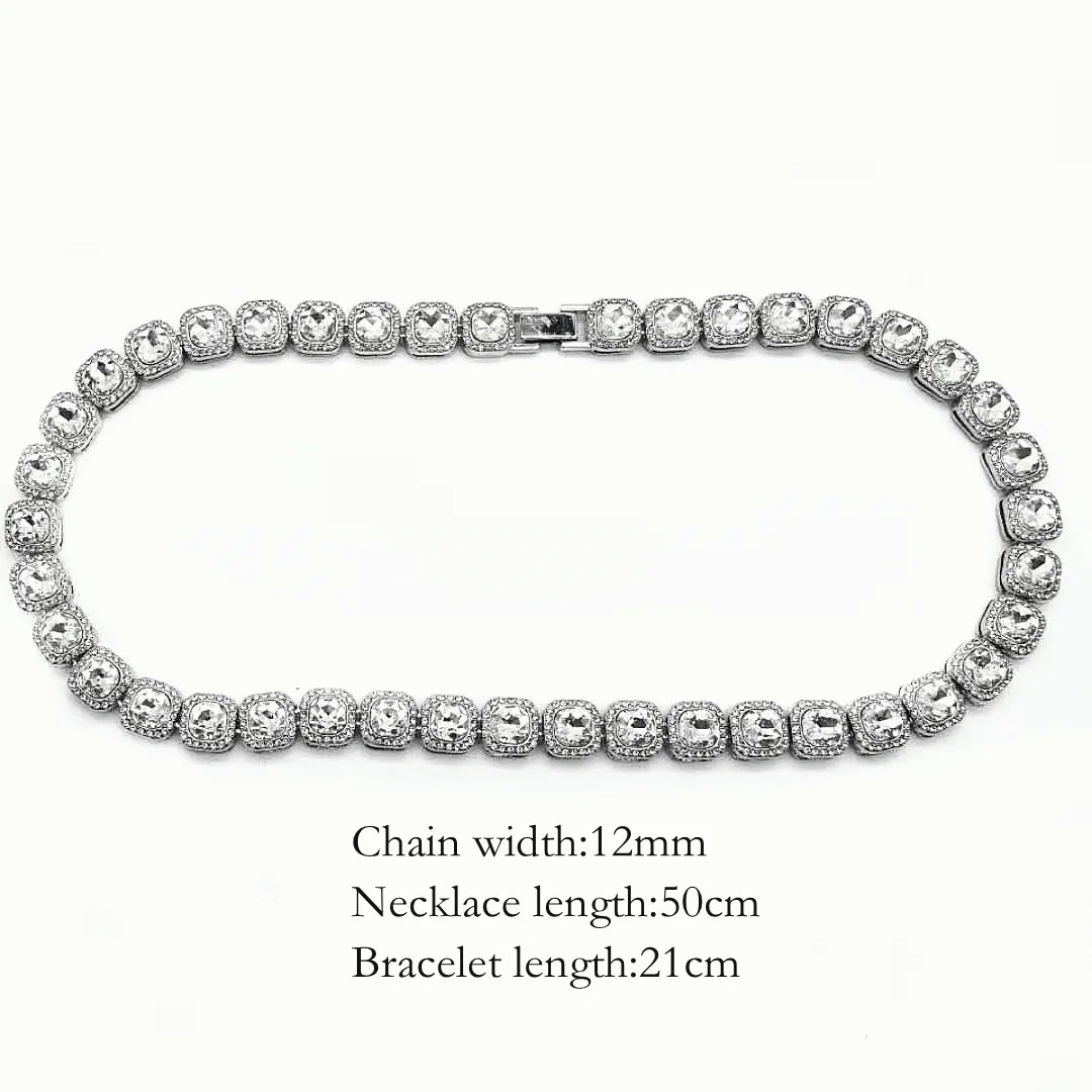 Luxury Watch + Chain + Bracelet Bling Iced Out Crystal 12MM Cuban Paved Rhinestone Miami Zircon Men's Necklaces for Men Jewelry
