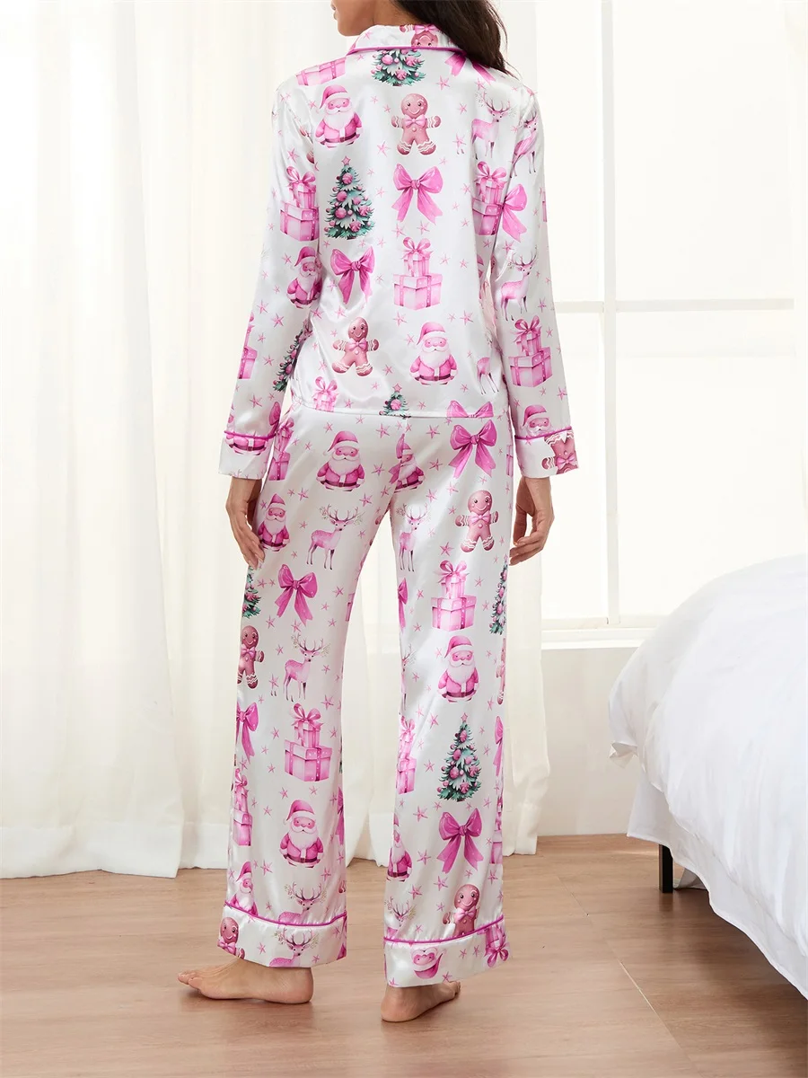 Women Christmas Pajamas Sets Cute Bow Xmas Long Sleeve Pants Pjs Santa Claus Printed Nightwear Sleepwear