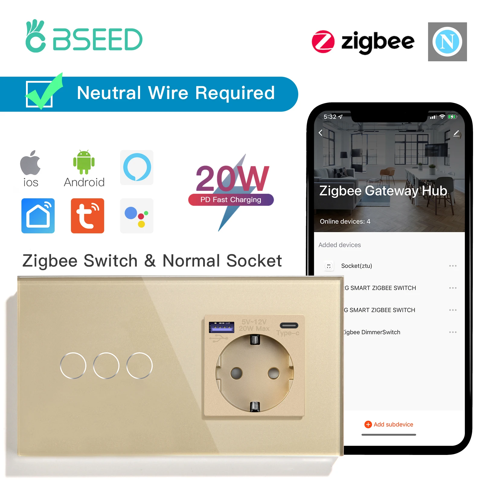 Bseed 1/gang 2way zigbee lichtsc halter wand touch schalter usb typ-c schnell ladeans chluss 20w tuya smart life google home control