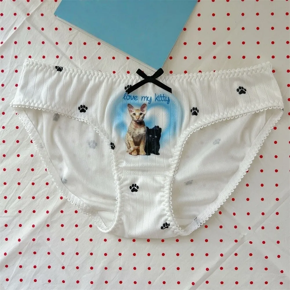 Comfortable Lolita Puppy and Kitty Printed Panties Kawaii Sweet Cat Paw Briefs Cotton Crotch Ice Silk Dog Pattern Panties Women