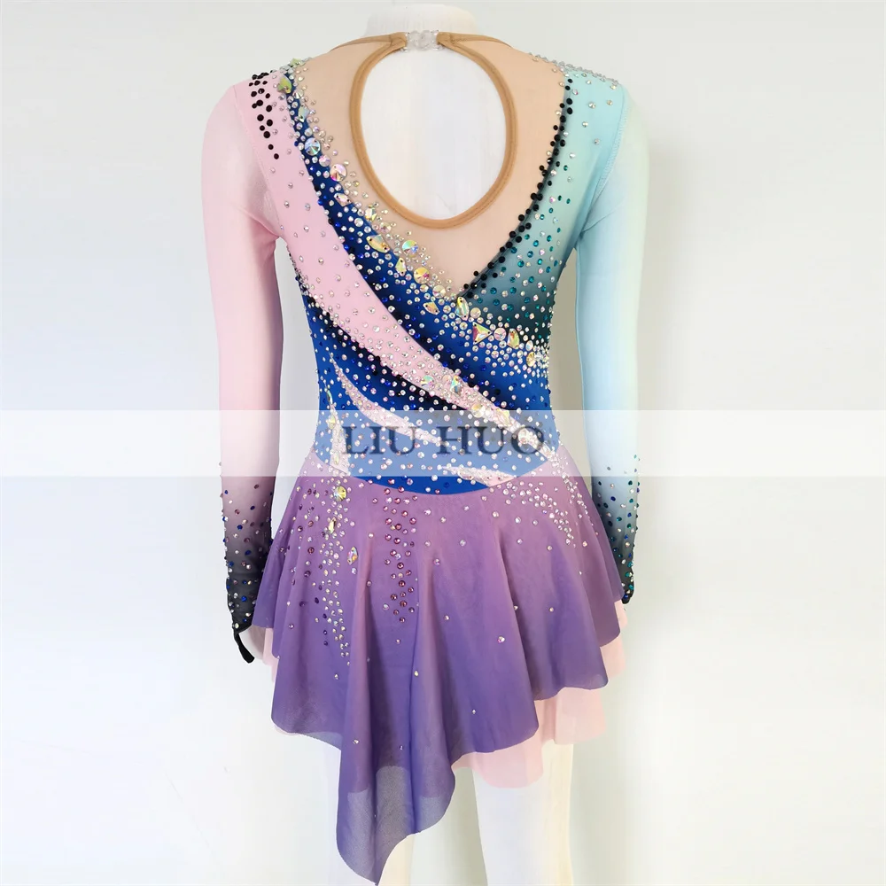 LIUHUO Ice Dance Figure Skating Dress Women Girl Teen Customize Costume Performance Competition Leotard Roller Gradient Blue Kid