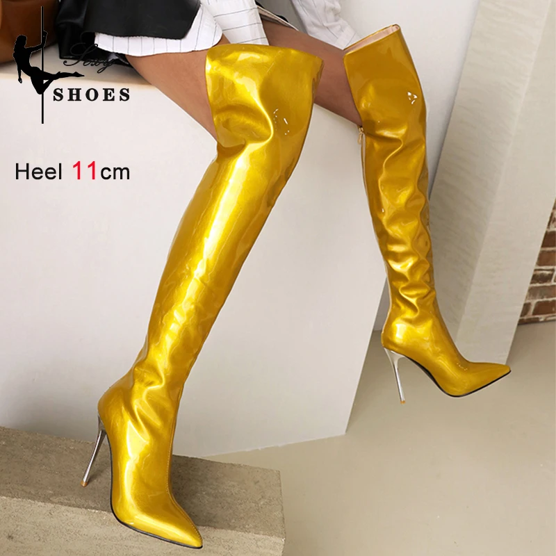 Patent Leather Over the Knee High Boots Women Sexy Party Dance Autumn Winter Shoes Ladies LEOPARD Blue Gold Heels Long Boots