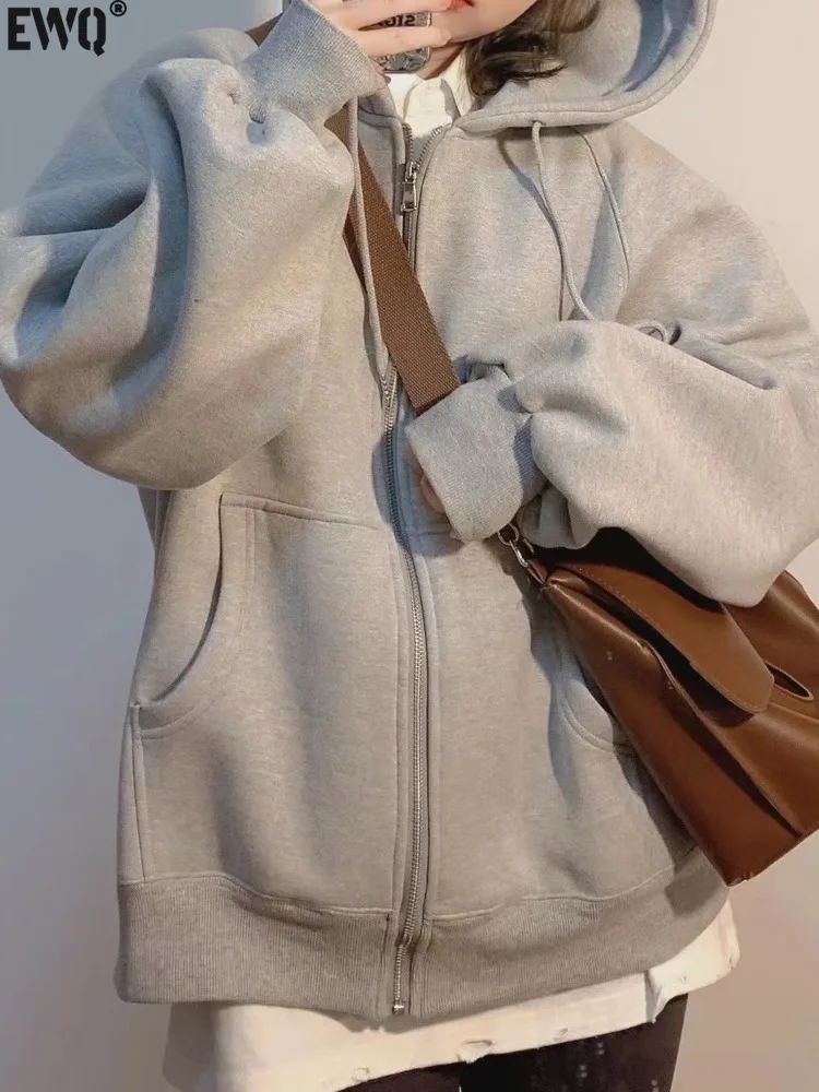 

[EWQ] sweet Loose Fit Hooded Gray Sweatshirt Zipper Zip-up Solid Beautiful Women's Clothing Coats Autumn 2024 Winter New Fashiom