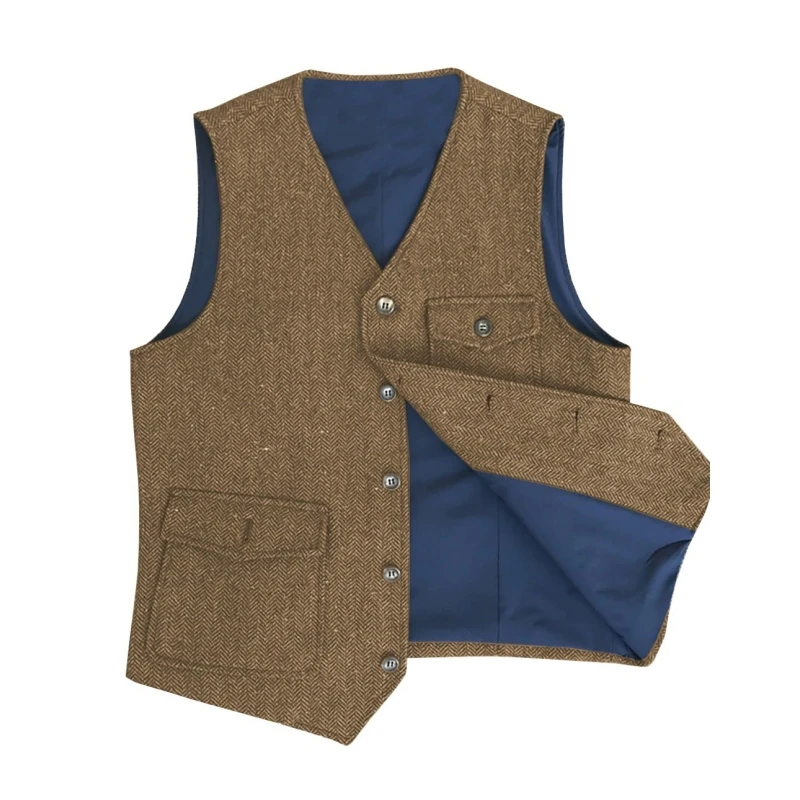 

Herringbone Men Vest Brown With Pocket Casual Waistcoat For Wedding Party Banquet Work Men Suit Vest