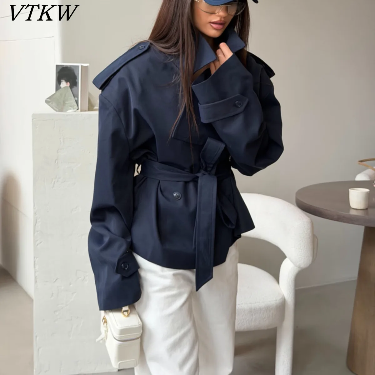 

VTKW 2026 New Women Cropped Trench Coat Oversized Lapel Collar Self Tie Waist Long Sleeve Buttoned Cuffs Casual Jacket