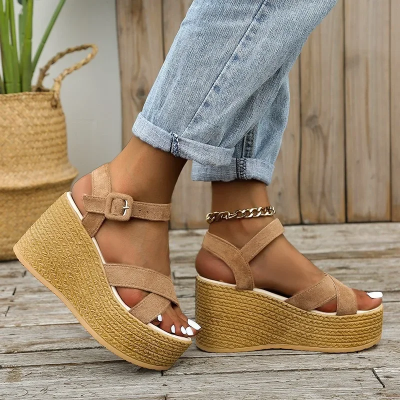 Fashion Wedge Sandals for Women Summer 2024 New Casual Non-slip Peep Toe Platform Shoes Rubber Sole Buckle Elegant Heels Women