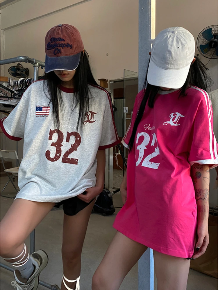 ADAgirl Sporty Oversized T Shirt Women Streetwear Basketball Short Sleeve Tees Y2k Print Cotton Tops Harajuku Aesthetic Clothes