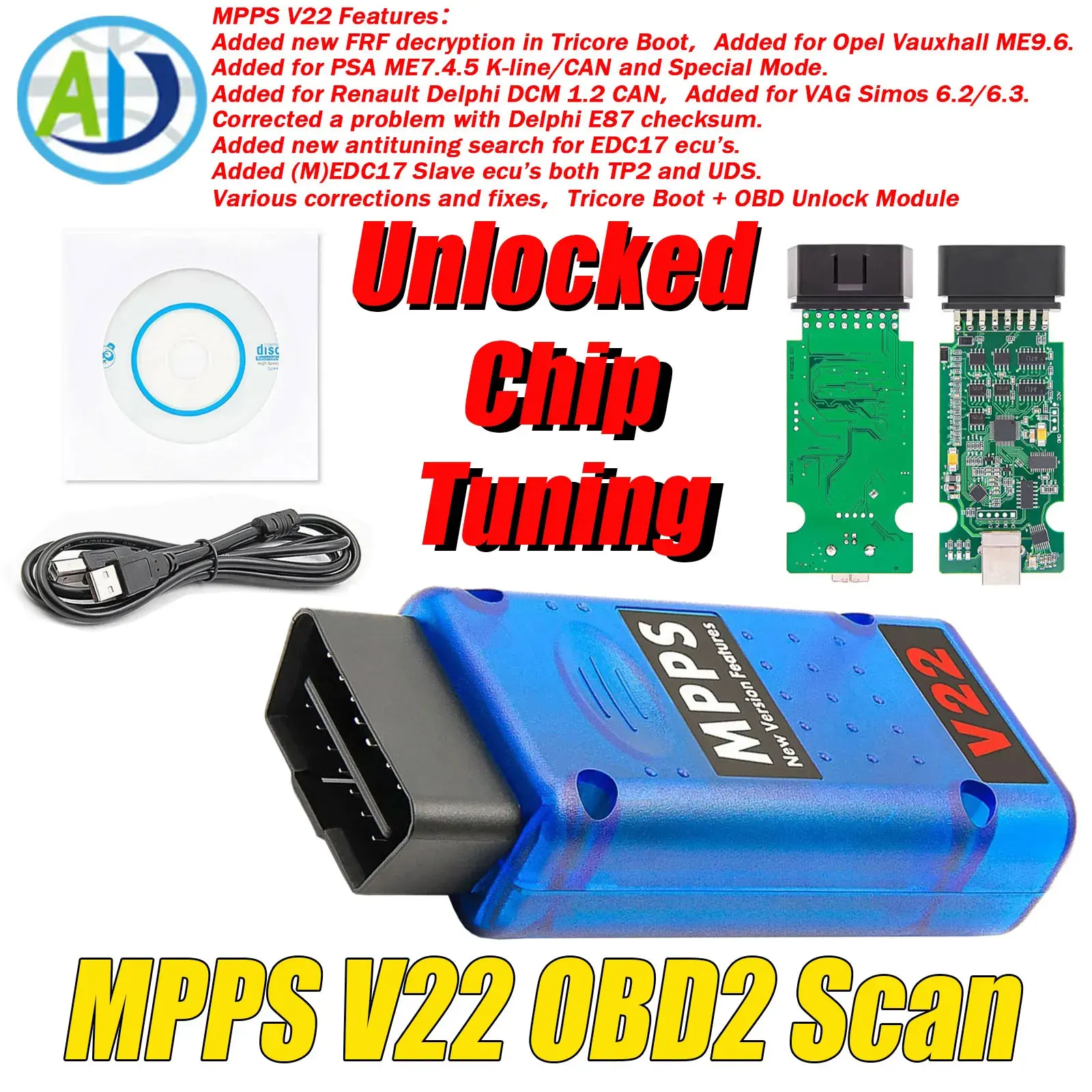 OBD2 Scanner MPPS V22 Unlocked MAIN/Tricore/Multiboot MPPS V22 ECU Chip Tuning ECU Flasher With Breakout Tricore Cable MPPS V22