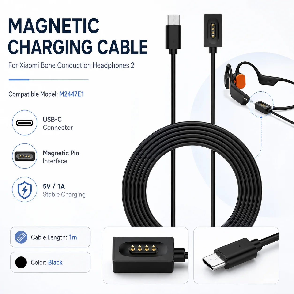 Magnetic Charging Cable for Xiaomi Bone Conduction Headphones 2 M2447E1 USB Charger Cable Replacement Mi Bluetooth Earphone
