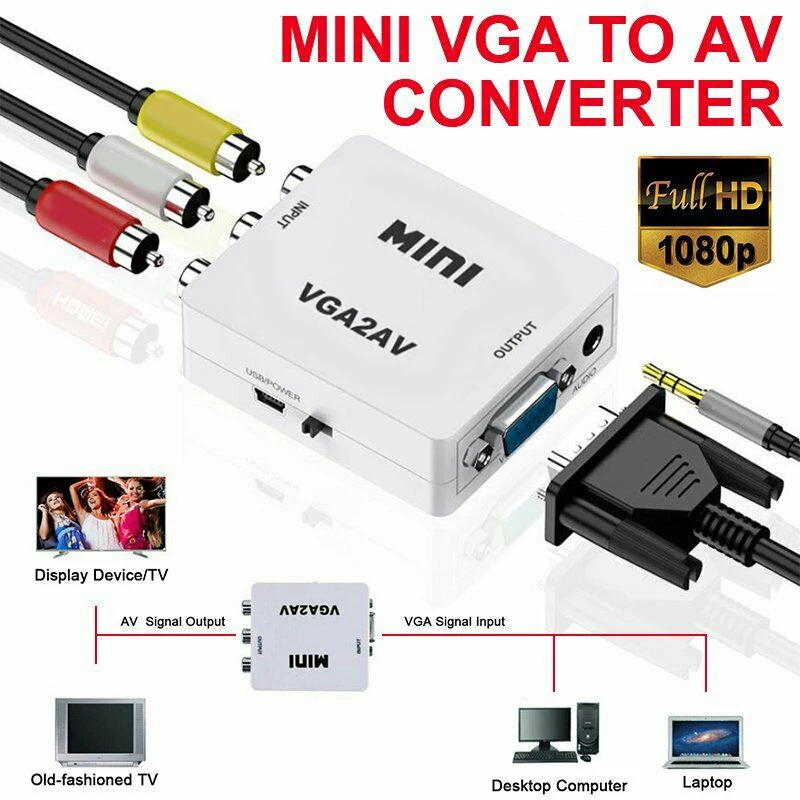 อะแดปเตอร์เครื่องแปลงขนาดมินิ VGA เป็น AV รองรับตัวแปลง VGA2AV 1080P พีซีไปยังทีวี HD คอมพิวเตอร์ไปยังทีวี