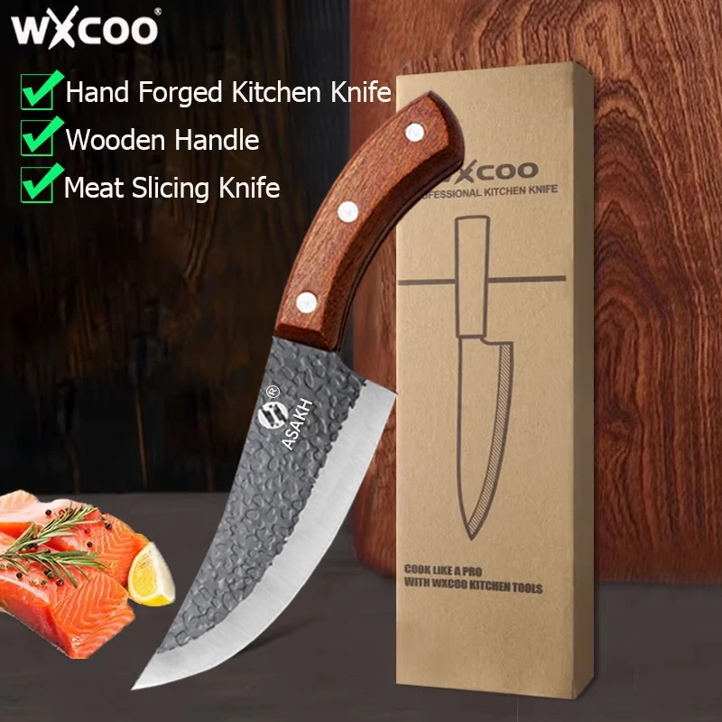 WXCOO Handgeschmiedetes Metzgermesser, japanisches Küchenmesser, Edelstahl, Mehrzweck-Mehrzweck-Schneiden mit Holzgriff für Obst und Gemüse