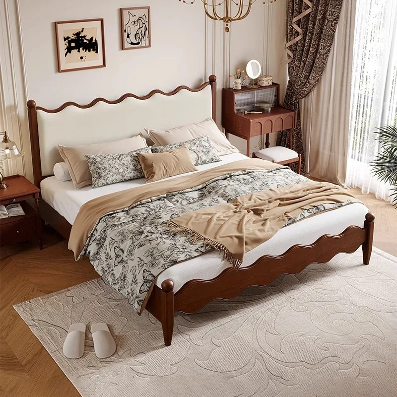 سرير ريترو كريمي فرنسي بطول 1.8 متر، سرير مموج، سرير مزدوج للشقة الصغيرة #3