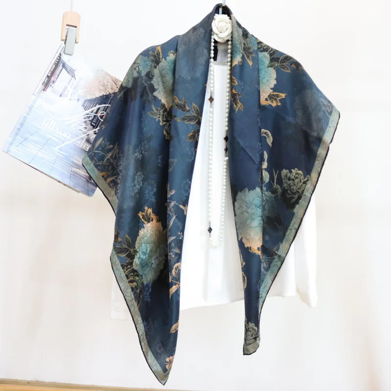 Birdtree 100%Real Silk Scarve XiangYunSha Double-sided Print Literary Retro Comfortable Mom's Gift Shawl 2024 Spring A41406QD