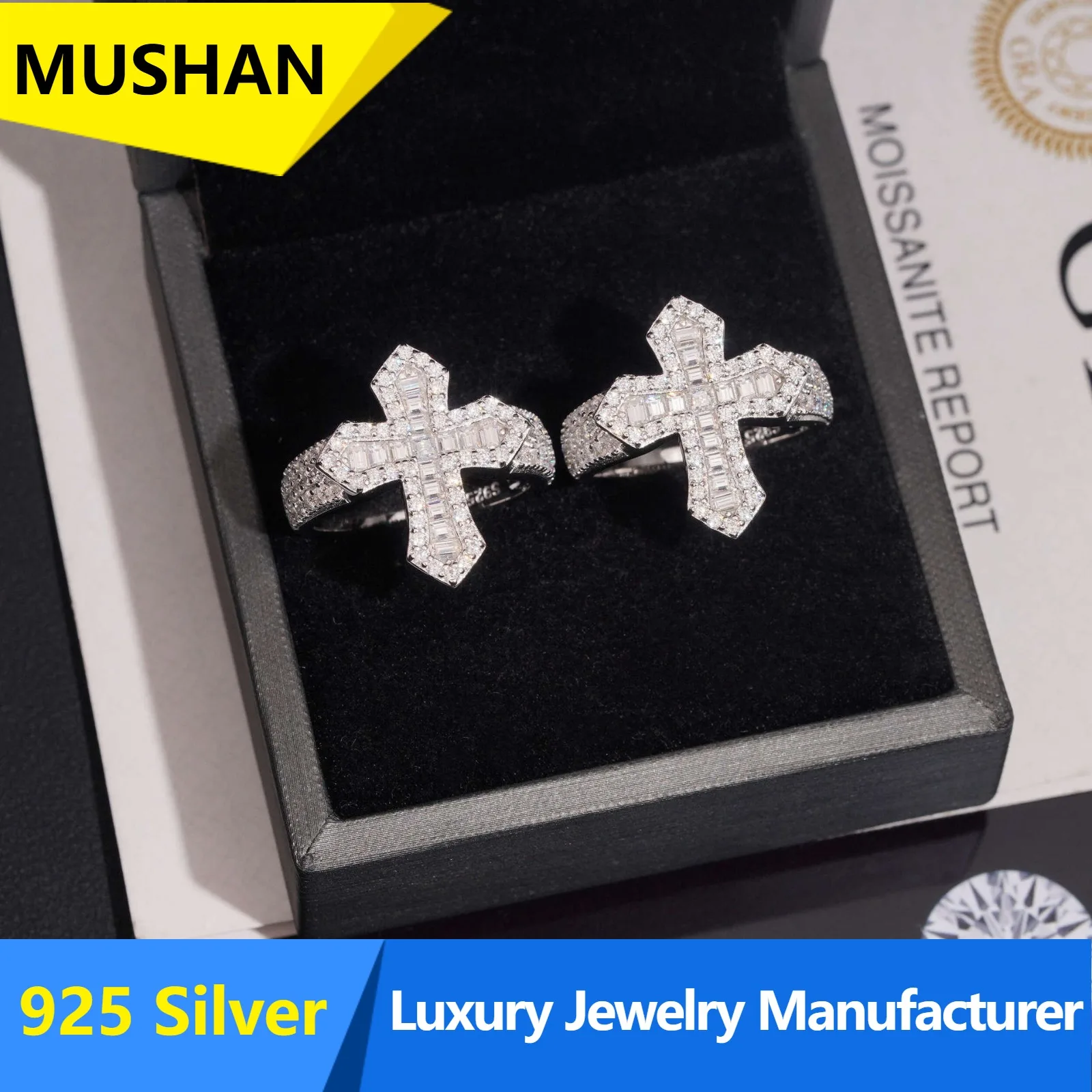 MUSHAN Luxury 925 Sterling Silver Jewelry Cross Shaped Moissanite Diamond s925 silver Hip-Hop for Men Women Ring Fine Jewelry