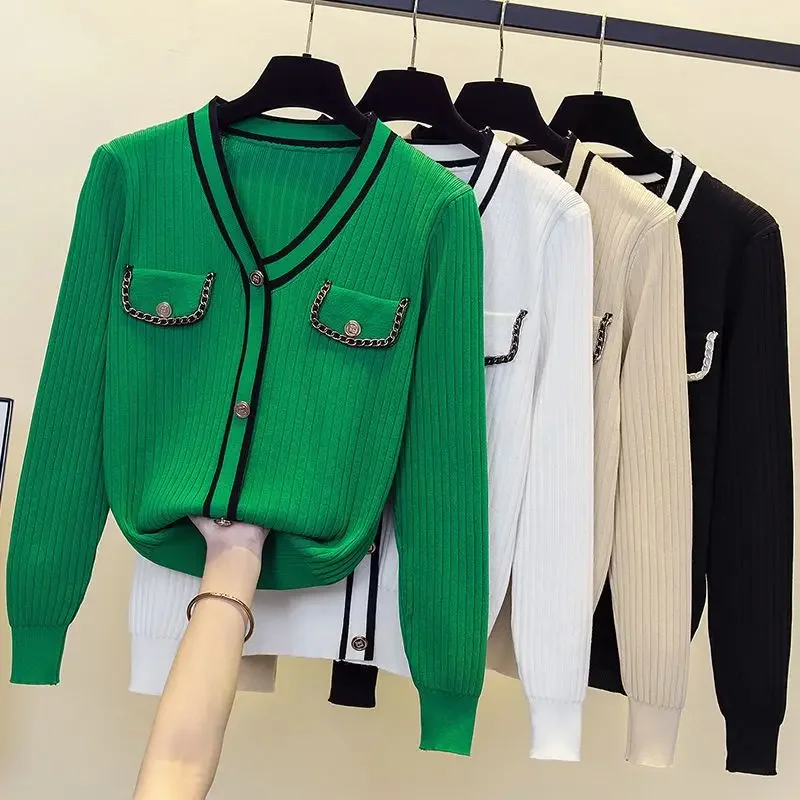 V-neck Long Sleeve Knitted Cardigan Korean Fashion Overcoat Single-breasted Tops Sweater Spring Autumn Jacket