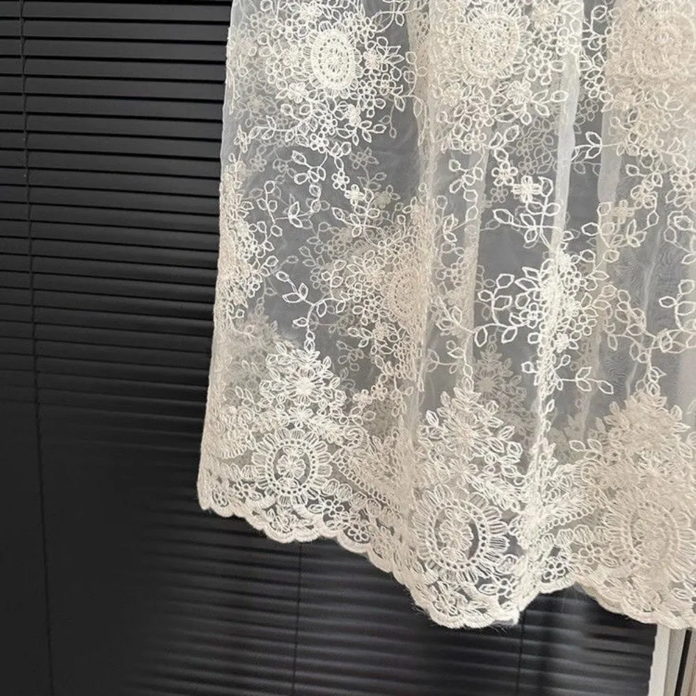 

Hollow Out Lace Midi Skirt Elastic Waist Mid Length Lace Half Skirt Summer Thin Vintage High Waist Skirt Holiday Matching