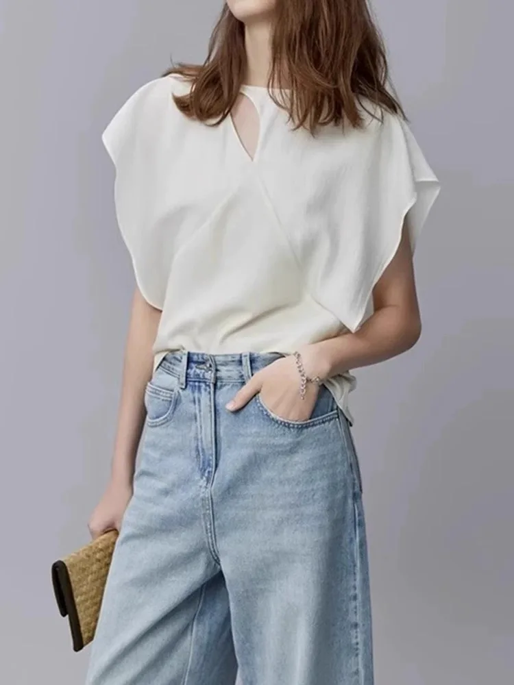 

Ele Hollow out Comfortable Pure Color Faionable Women's irt Korean Sle Straight Cut Silk Top for Summer 2025
