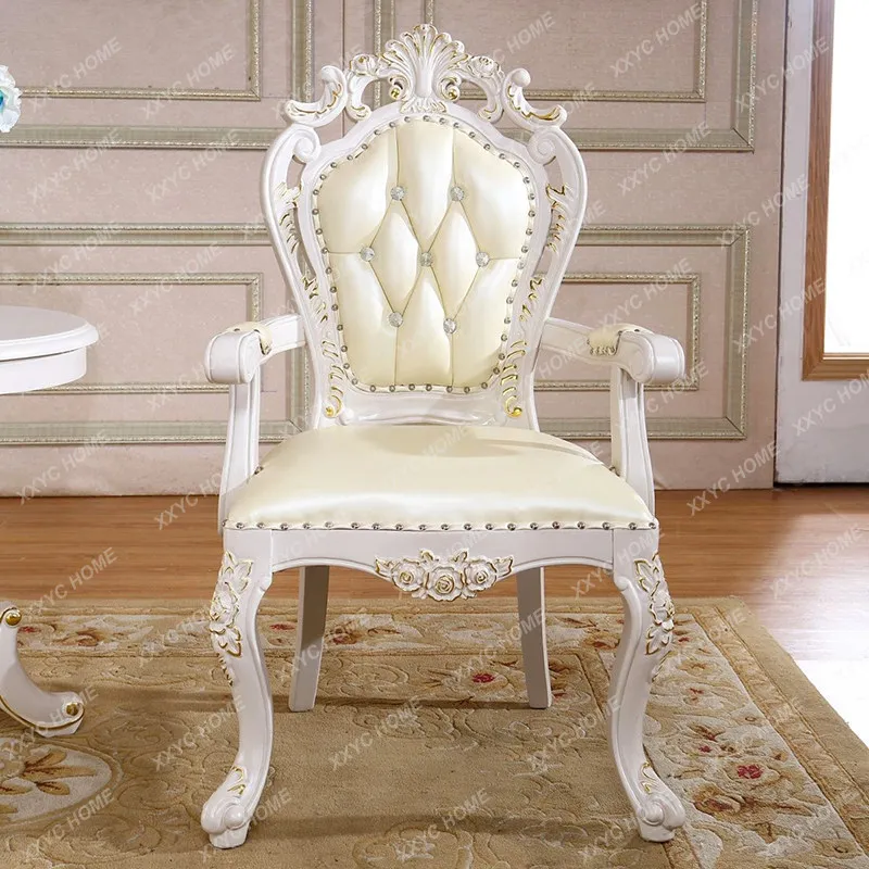 

Genuine leather white dining chair, luxury restaurant solid wood carved home dining table