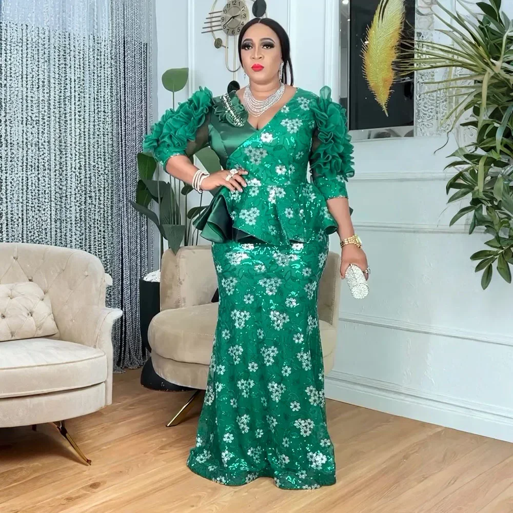 Gaun Pesta Afrika Ukuran Besar Berpayet untuk Wanita Dashiki Gaun Panjang Bodycon Seksi Gaun Malam Pernikahan Muslim Elegan