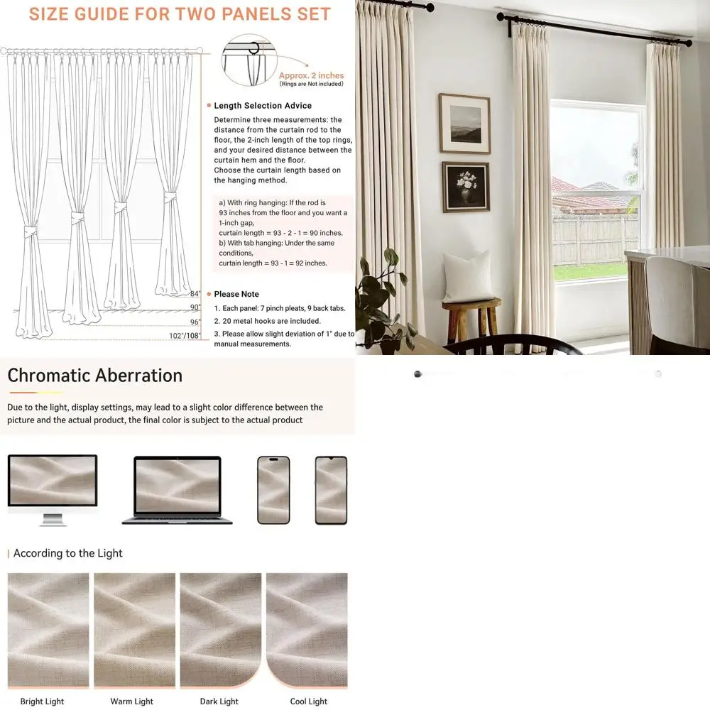 

Cream Linen-Textured Pinch Pleated Blackout Curtains, 40x102 for Bedroom & Living Room