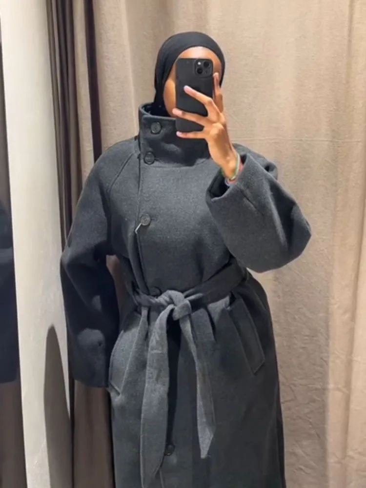 HH الشتاء معاطف النساء الأنيقة الصلبة عالية الياقة طويلة الأكمام جيوب حزام الديكور واحدة الصدر الإناث معطف طويل فضفاض