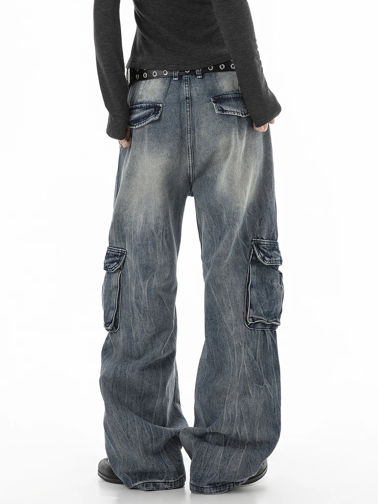 

Американские свободные женские джинсы в повседневном стиле, прямые, широкие, в рабочем стиле, весенние, с естественной талией и карманами