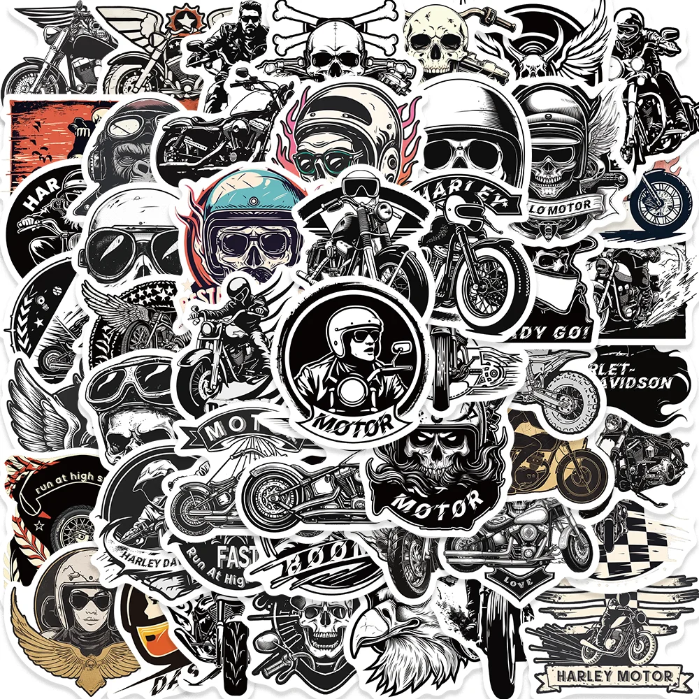 50Pcs Retro Cool Motorcycle Stickers Black And White Harley Waterproof Sticker Decorated Skateboard Laptop Helmet Vintage Decal