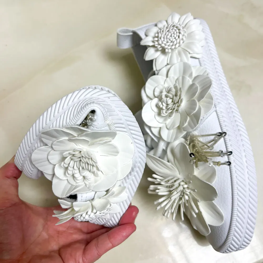 white artificial leather sneakers women fashion artificial flower applique Sports Board shoes handmade large size 35-44 slip-in