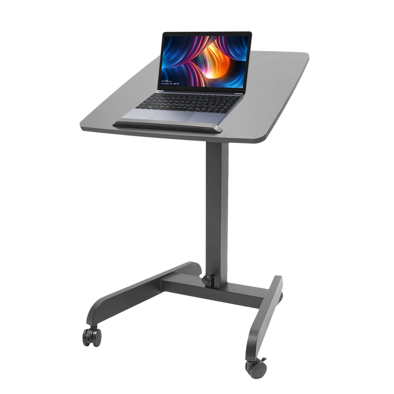 Durable Stand Up Computer Workstation with Adjustable Height and Multi-Angle Desktop, 4 Wheels with Brakes, Sturdy Iron Frame