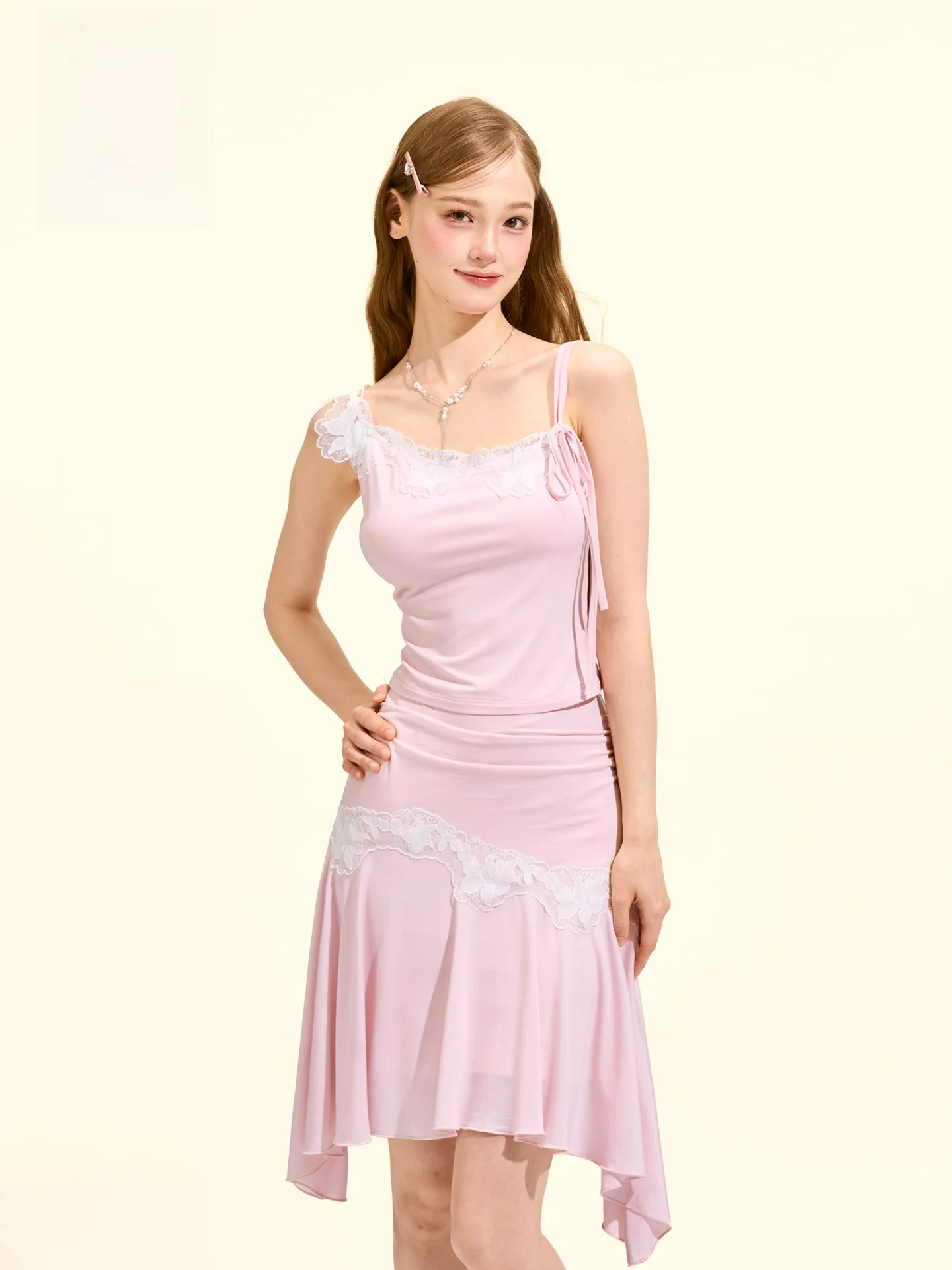

GirlyFancyClub Lace Patchwork Ruffle Trim Knitted Strap Set Women's Fashion Summer Outfit High Elasticity Short Length Top