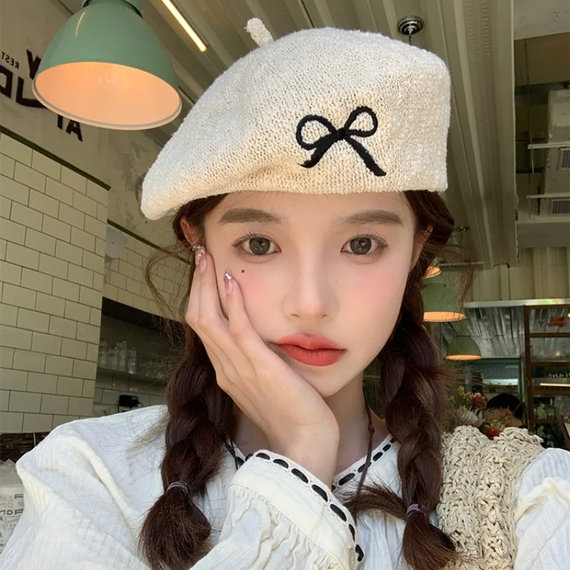 

New Niche Korean Version Bow Embroidered Beret Women's Summer Simple Breathable Sunshade Temperament Pumpkin Hat Casquette Femme