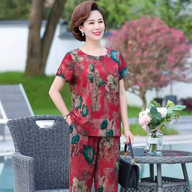 Mom's Summer Outfit Ice Silk Two-Piece Set For Middle-Aged And Elderly Women Fashion Middle-aged Women's Summer Grandmother Set