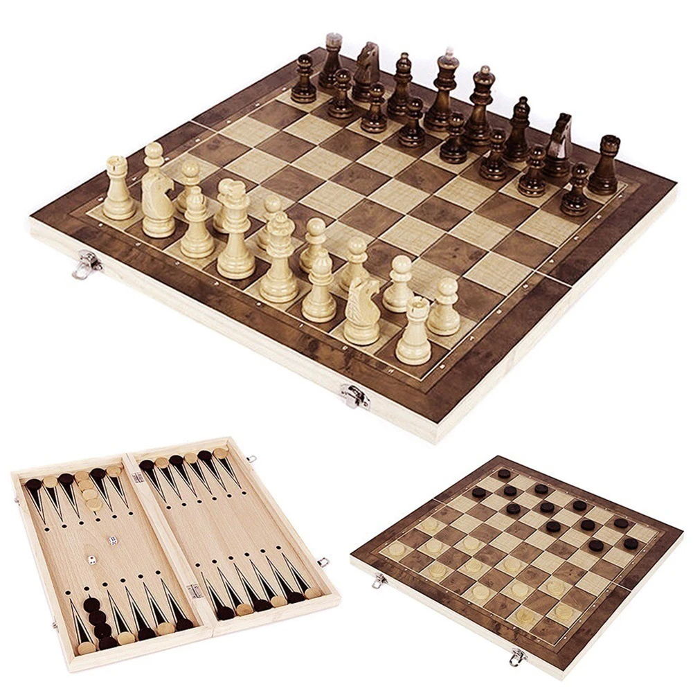 3 in 1 Chess Board Sets Folding Storage Wooden Travel Chess Sets Chess and Checkers Game Set for Chess Board Game