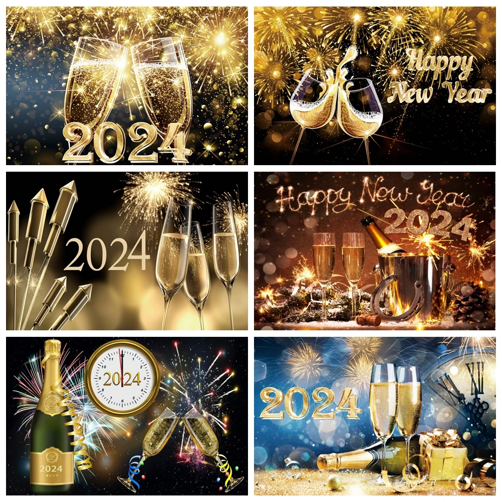 Happy New Year Photography Backdrop 2024 Glitter Gold Champagne Balloons Fireworks Party Photographic Background Photo Props