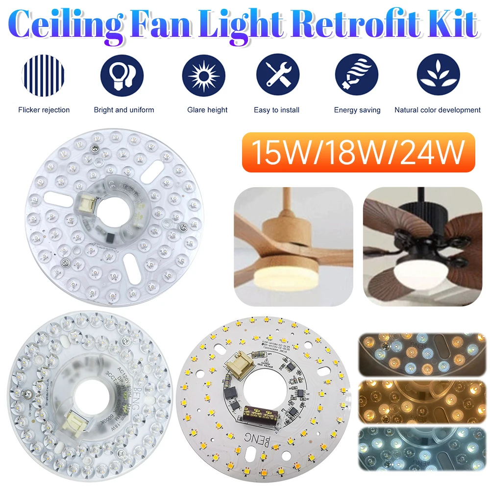 

15/18/24W Ceiling Fan Light Round Panel 3.9/4.9/6.2 Inch Ceiling Flush Light Retrofit Kit Panel Energy Efficiency Retrofit Kit