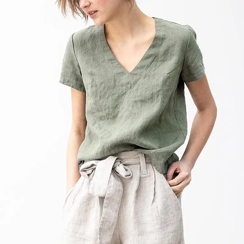 

Asian Collar Seasonal Cotton Shirt Slimming Top Women's Casual Style Short Sleeve T-Shirt Pure Color Fashion Ladies' Wear