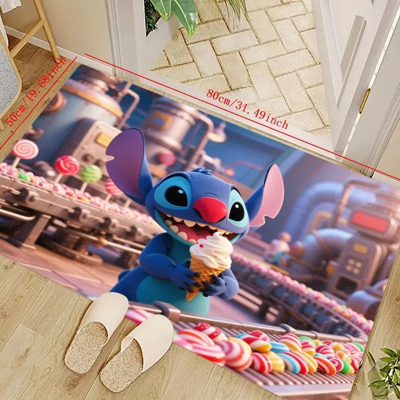 

1 шт. милый напольный коврик Disney Stitch с персонажем мультфильма, Happy Stitch Eating Ice Cream в яркой конфетной наземной сценке с красочной куклой