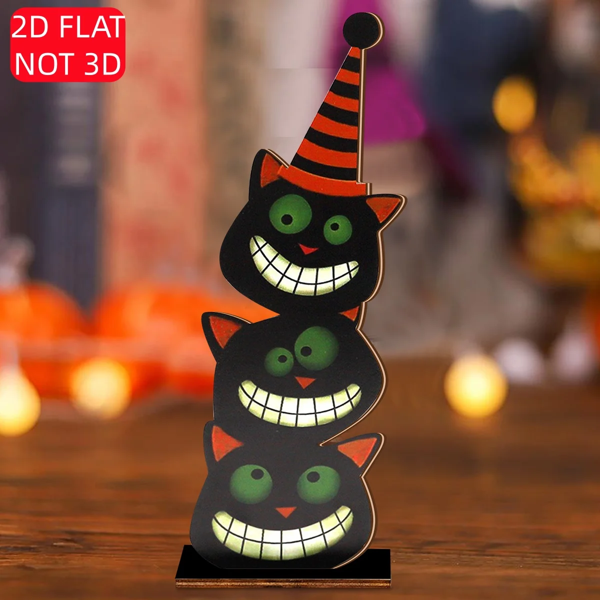 1 Set of 2D Flat Halloween Wooden Tabletop Ornaments, Featuring Three Grinning Black Cats in a Stack, with Orange and Black Striped Party Hats, Halloween Festive Party Shop Window Vintage Horror Desktop Art Decoration, Garden and Yard Decoration Ornaments