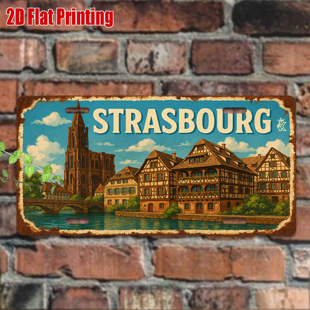 2D Flat, [], 2D Flat Printing, 1pc, Vintage Metal Sign, for Decorationg Only, Outdoor Wall Art (29.97cm * 14.99cm), STRASBOURG A