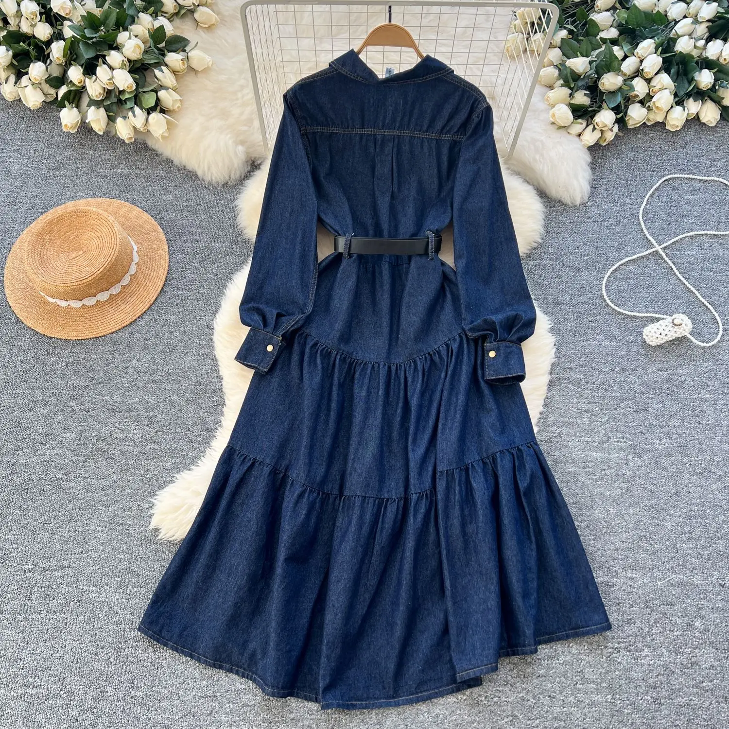 AW Denim Long Dress for Women Solid Color Boho A-line Casual Summer Vestidos Lapel Long Sleeve Single Breasted Dresses Lady